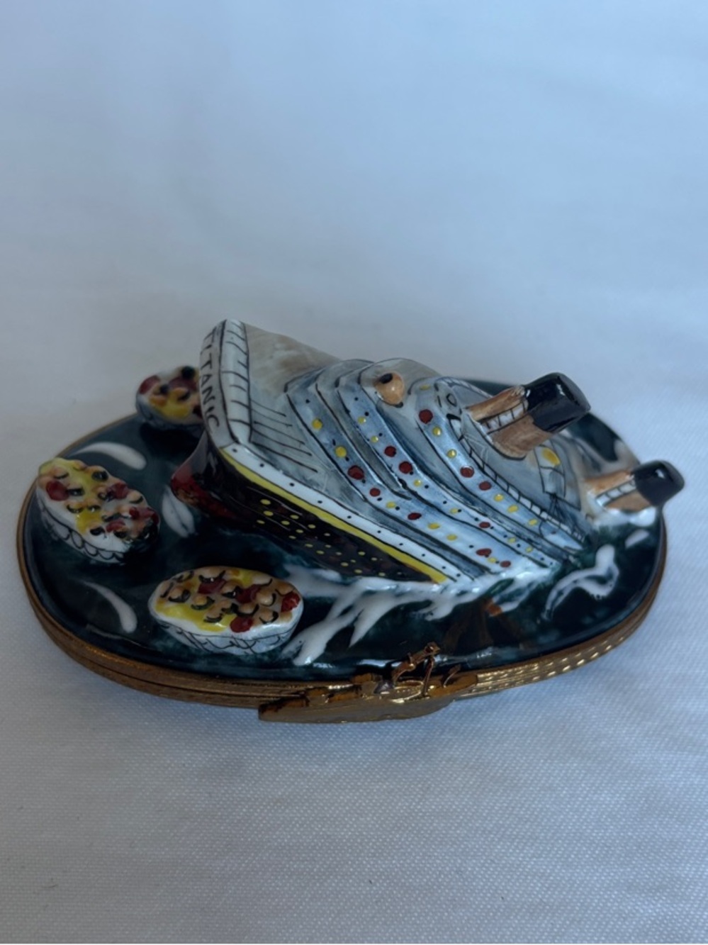 Hand-Painted Ceramic Titanic Ship Trinket Box in Black and White
